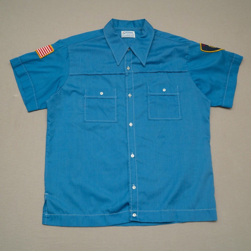 Vintage 60s Hilton Bowling Shirt USA Button Up Adult L Lomira Fire Dept Sky Blue